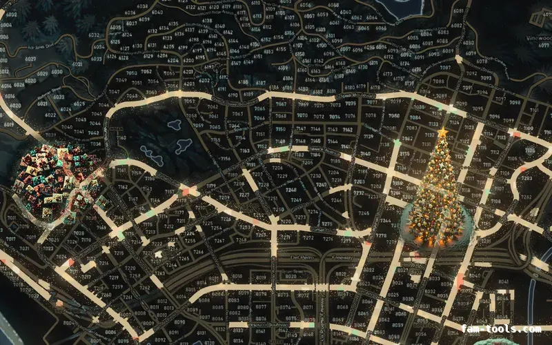 Christmas Black WINTER OBSIDIAN FiveM-compatible minimap for GTA 5 — with postal codes — showing Los Santos street detail