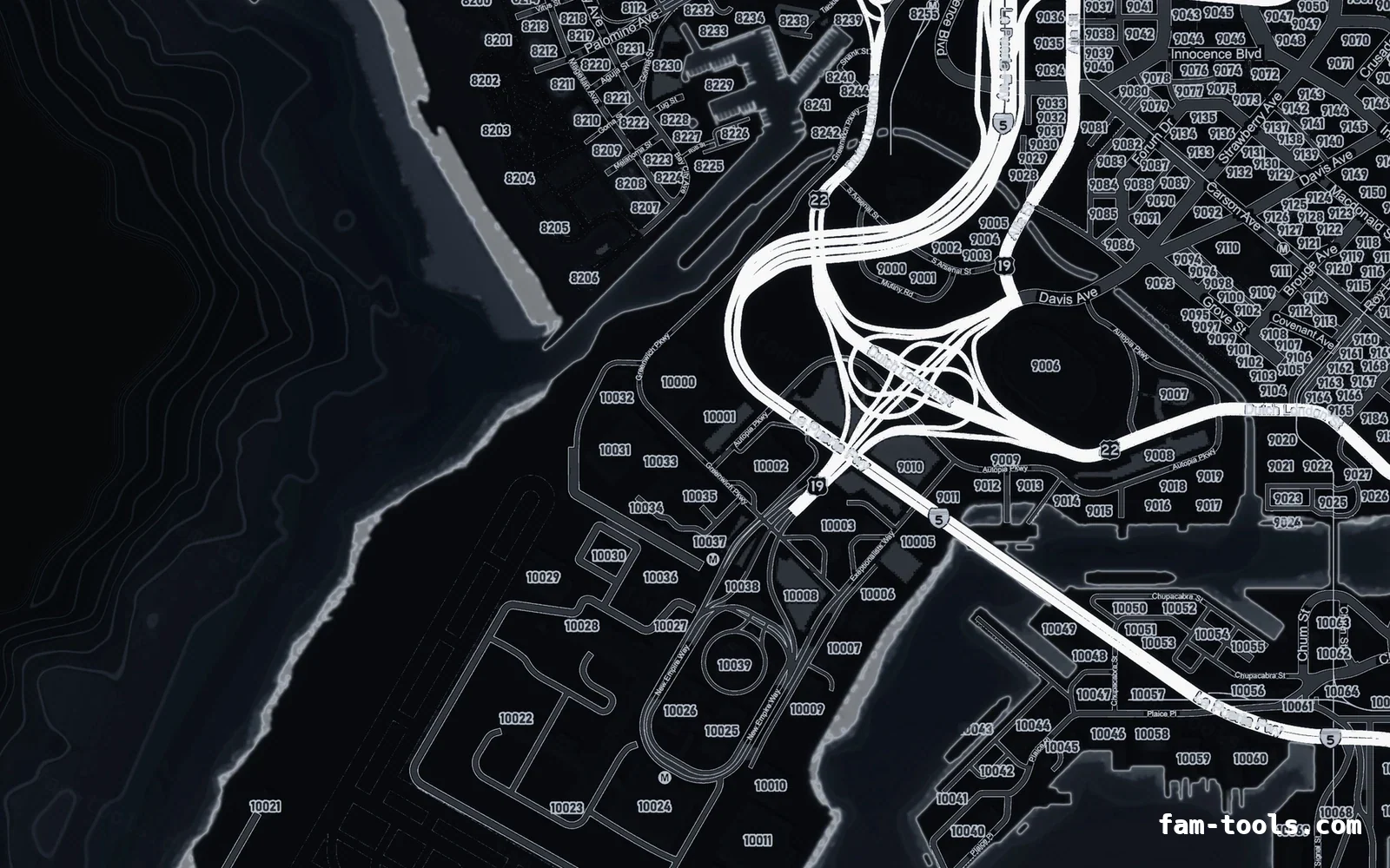 Black minimap — Harbour Black OBSIDIAN FiveM-compatible minimap for GTA 5 — google style — showing the harbour and industrial docks