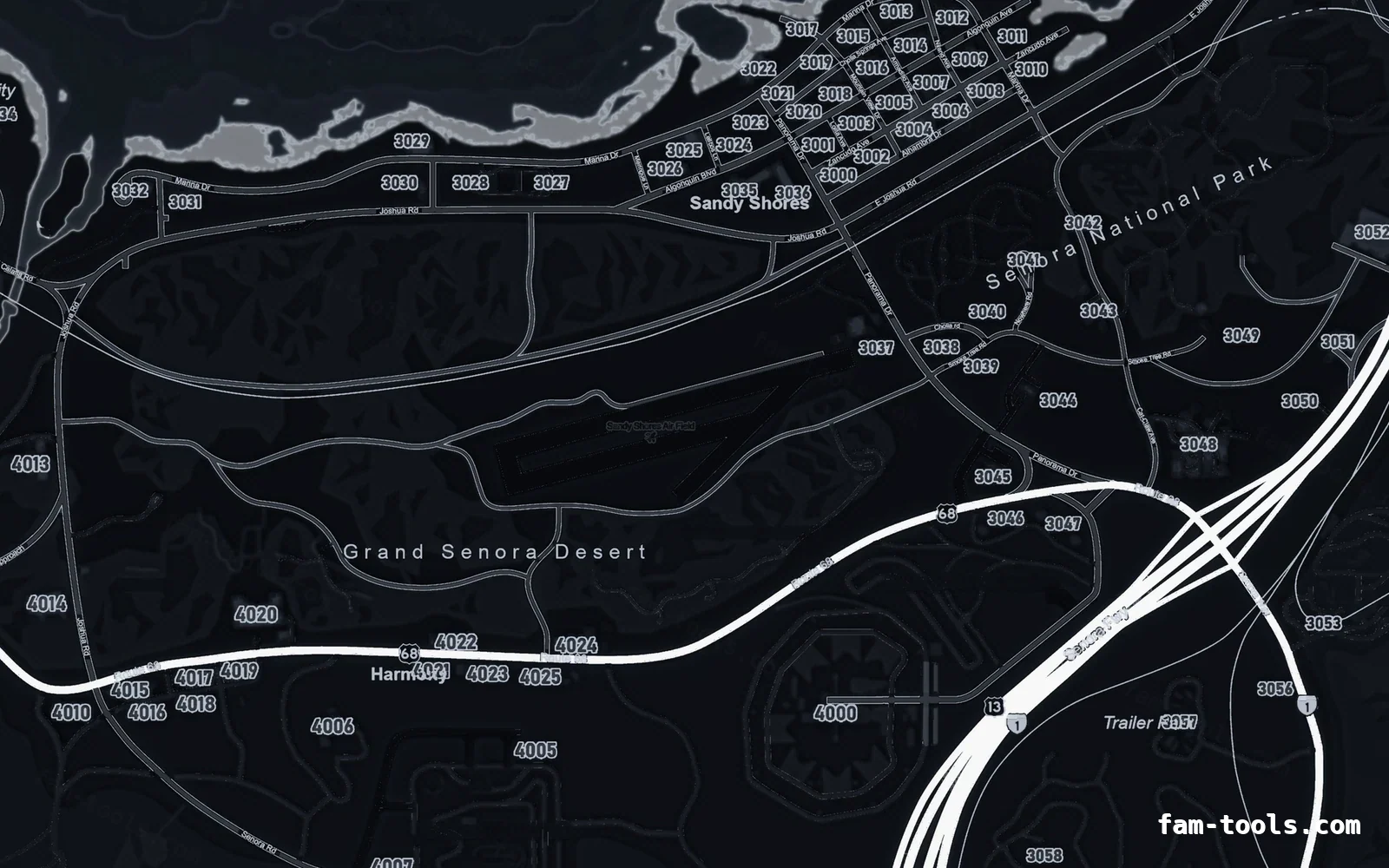 Black minimap — Sandy Shores Black OBSIDIAN FiveM-compatible minimap for GTA 5 — google style — showing Sandy Shores and the desert