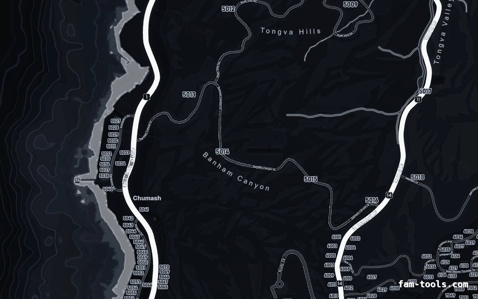 Black minimap — West coast Black OBSIDIAN FiveM-compatible minimap for GTA 5 — google style — showing the west coast and depth contours