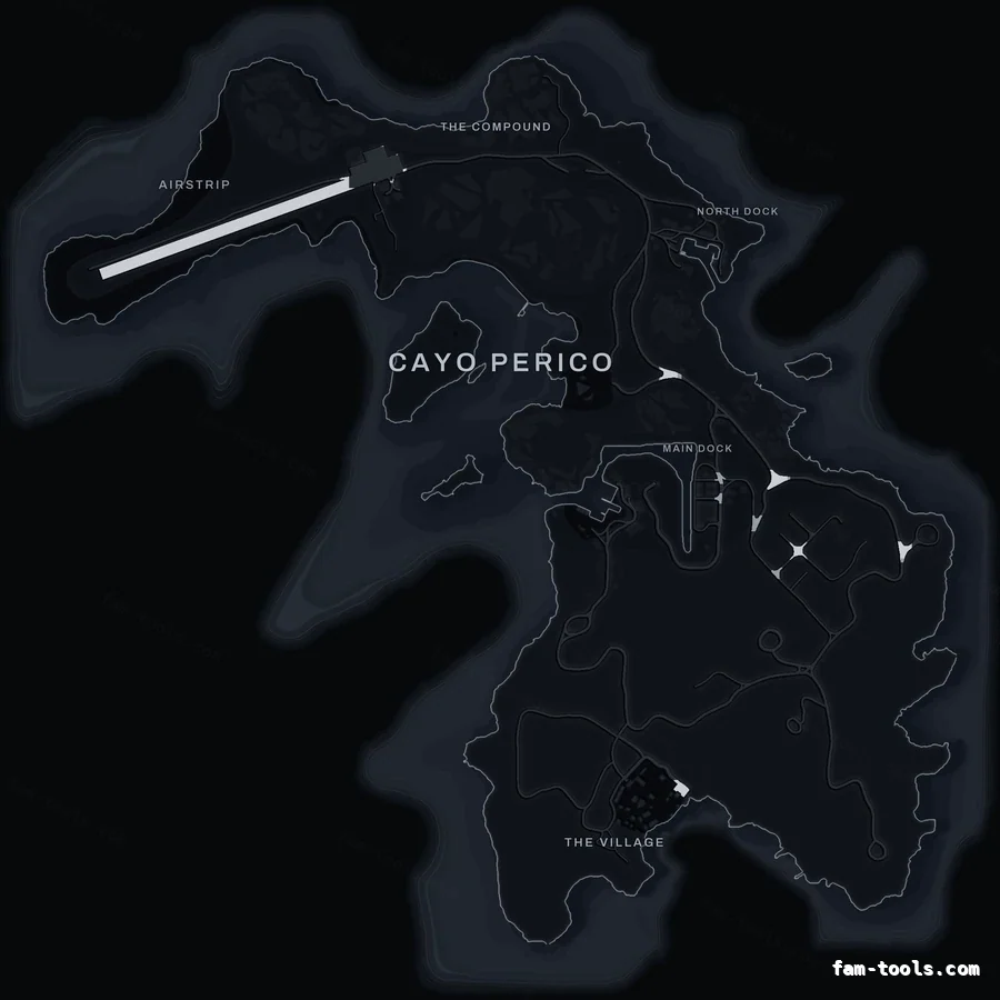 Black OBSIDIAN Cayo Perico FiveM-compatible minimap for GTA 5 — optional island add-on in the same palette, without postal codes
