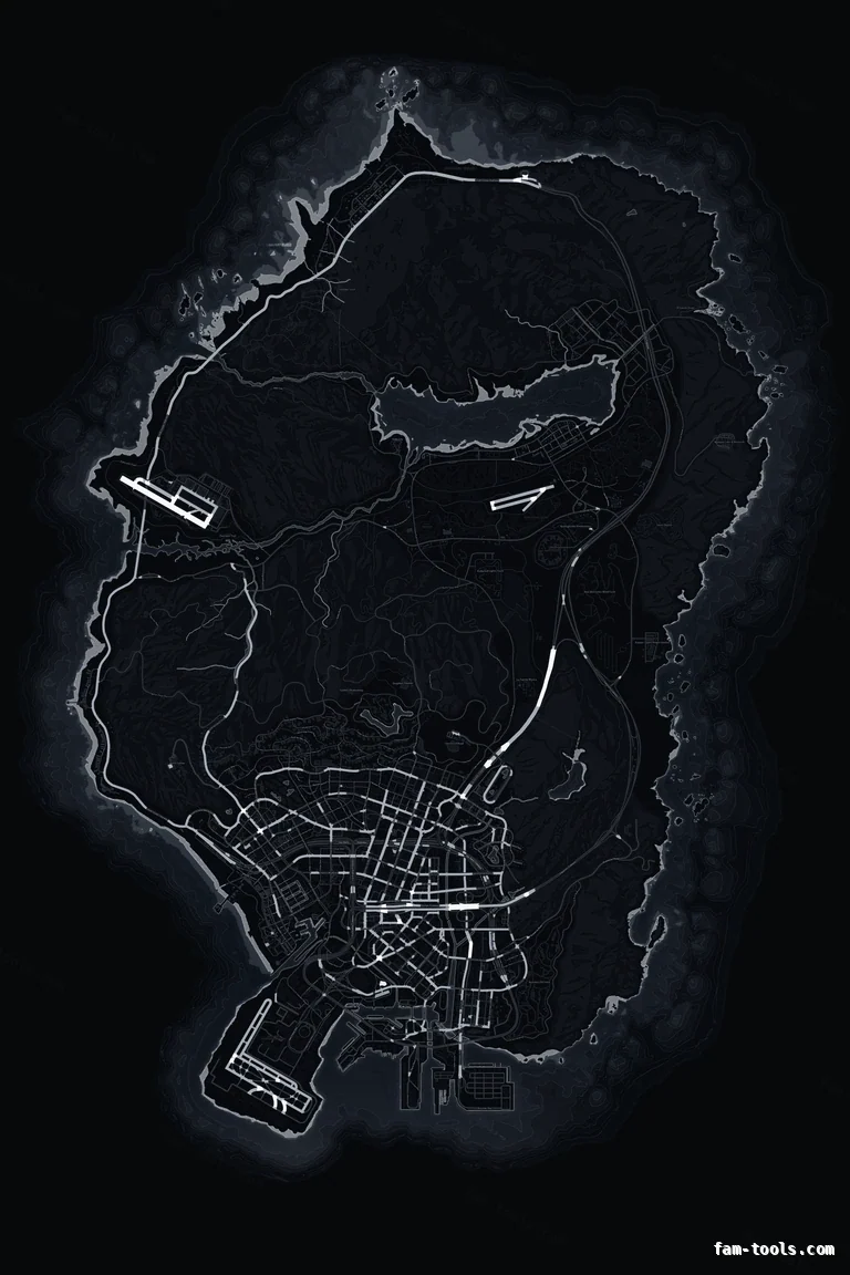 Black OBSIDIAN FiveM-compatible minimap for GTA 5 — without postal codes — showing the whole Los Santos and Blaine County map
