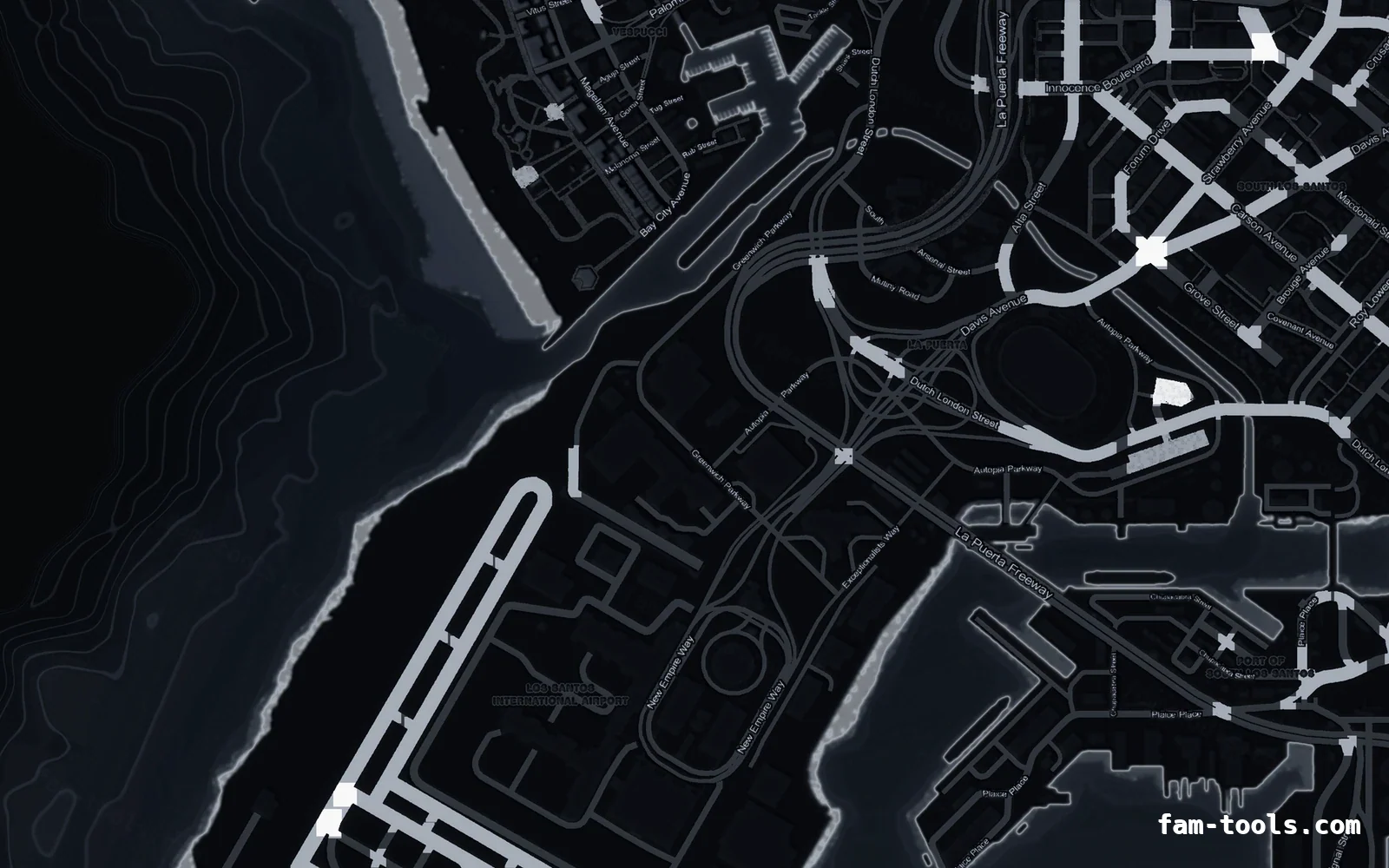 Black OBSIDIAN FiveM-compatible minimap for GTA 5 — without postal codes — showing the harbour and industrial docks
