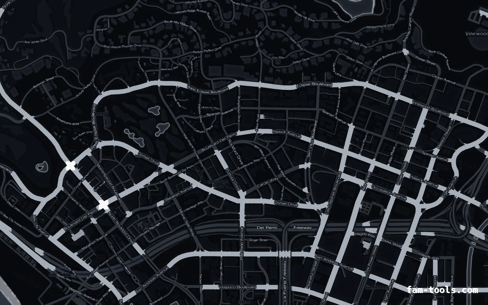 Black OBSIDIAN FiveM-compatible minimap for GTA 5 — without postal codes — showing Los Santos street detail