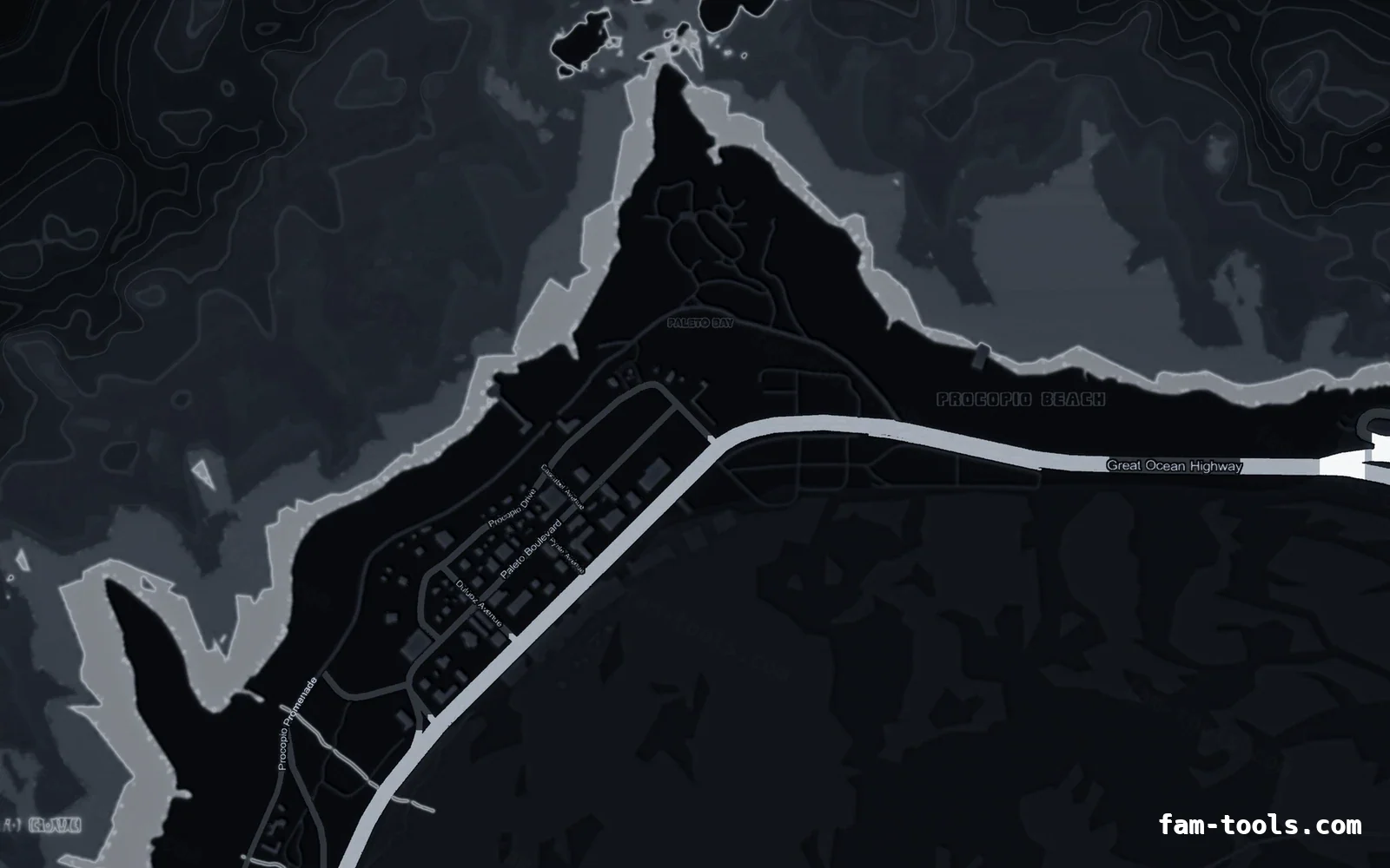 Black OBSIDIAN FiveM-compatible minimap for GTA 5 — without postal codes — showing Paleto Bay and Mount Chiliad
