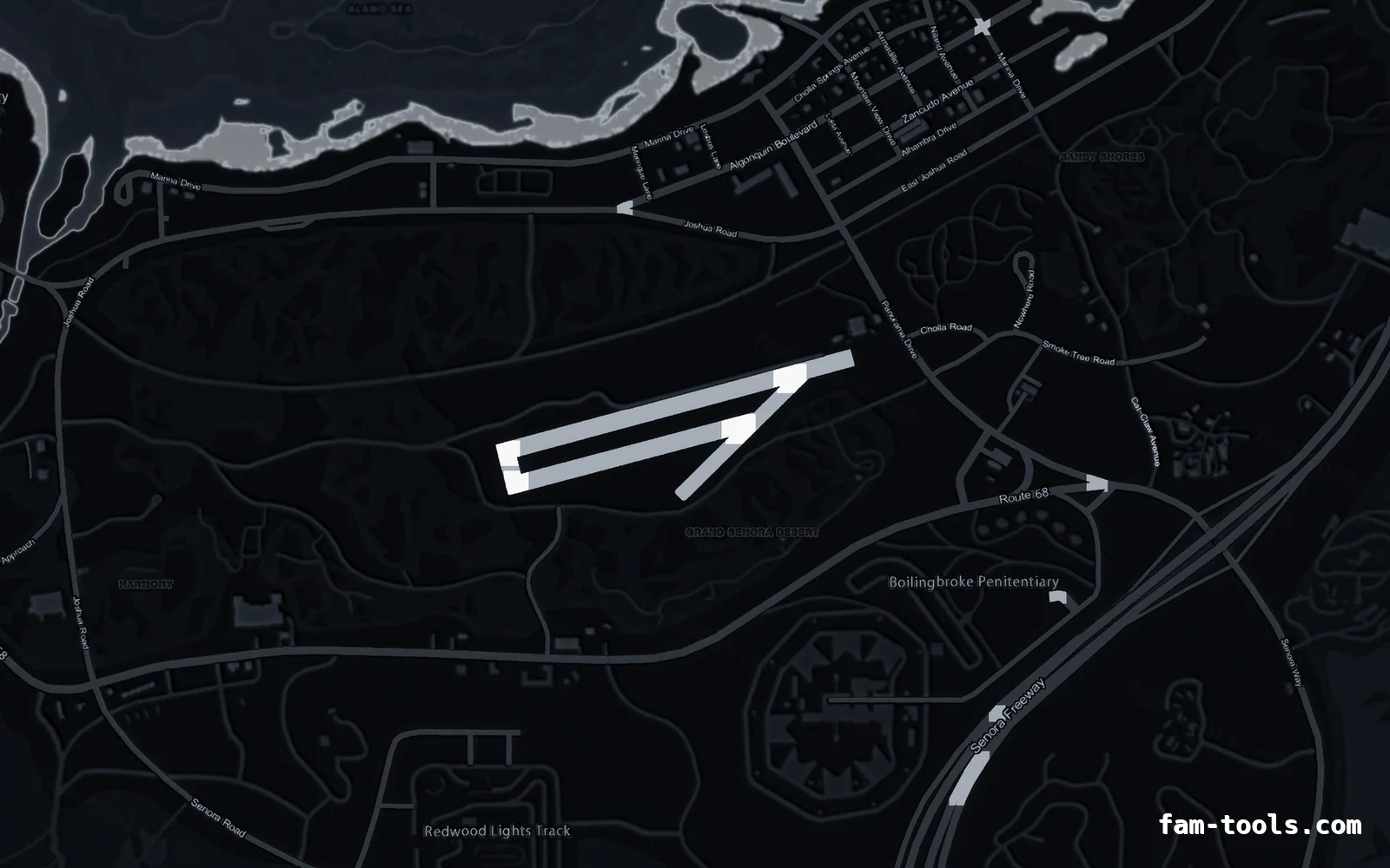 Black OBSIDIAN FiveM-compatible minimap for GTA 5 — without postal codes — showing Sandy Shores and the desert