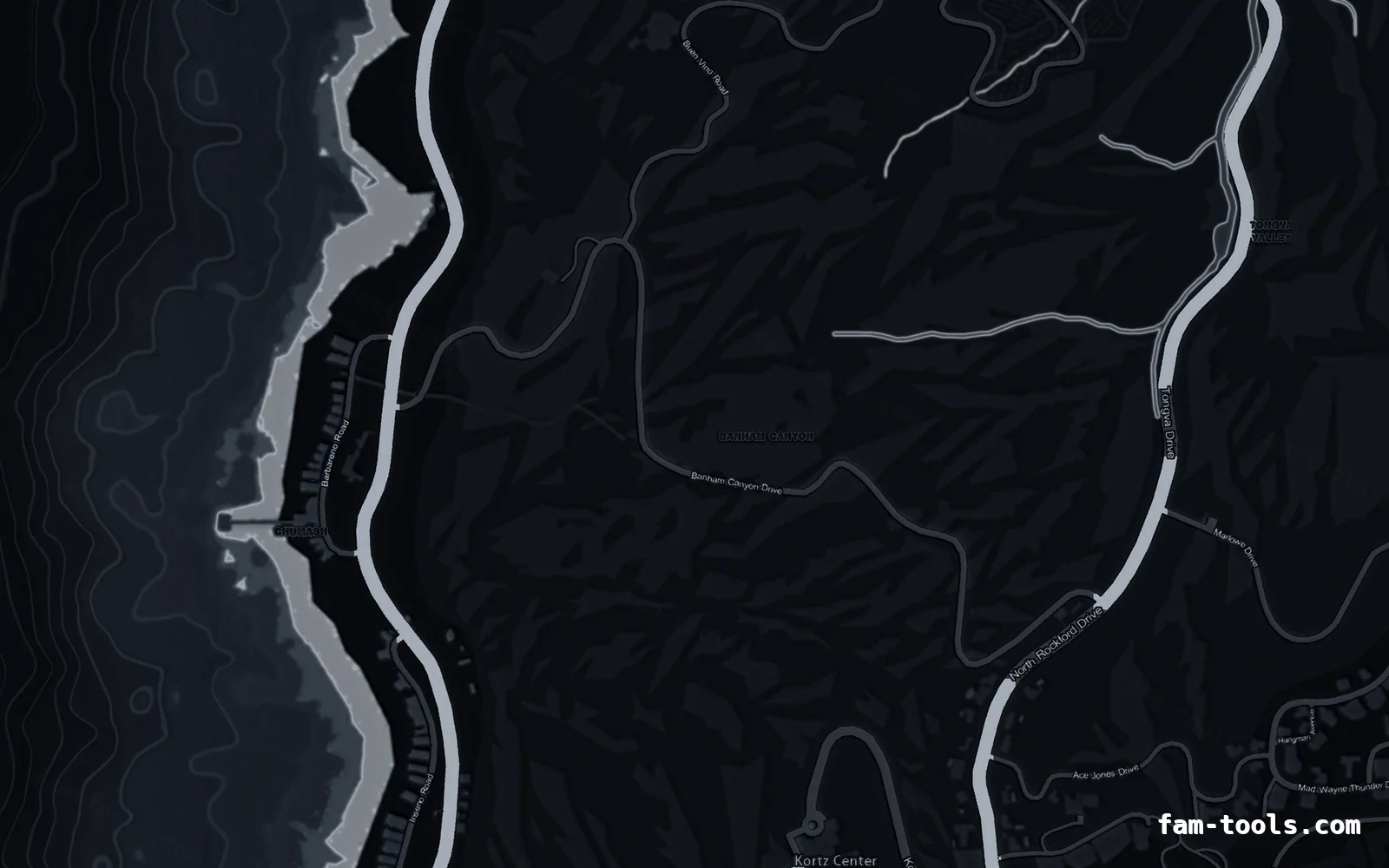 Black OBSIDIAN FiveM-compatible minimap for GTA 5 — without postal codes — showing the west coast and depth contours