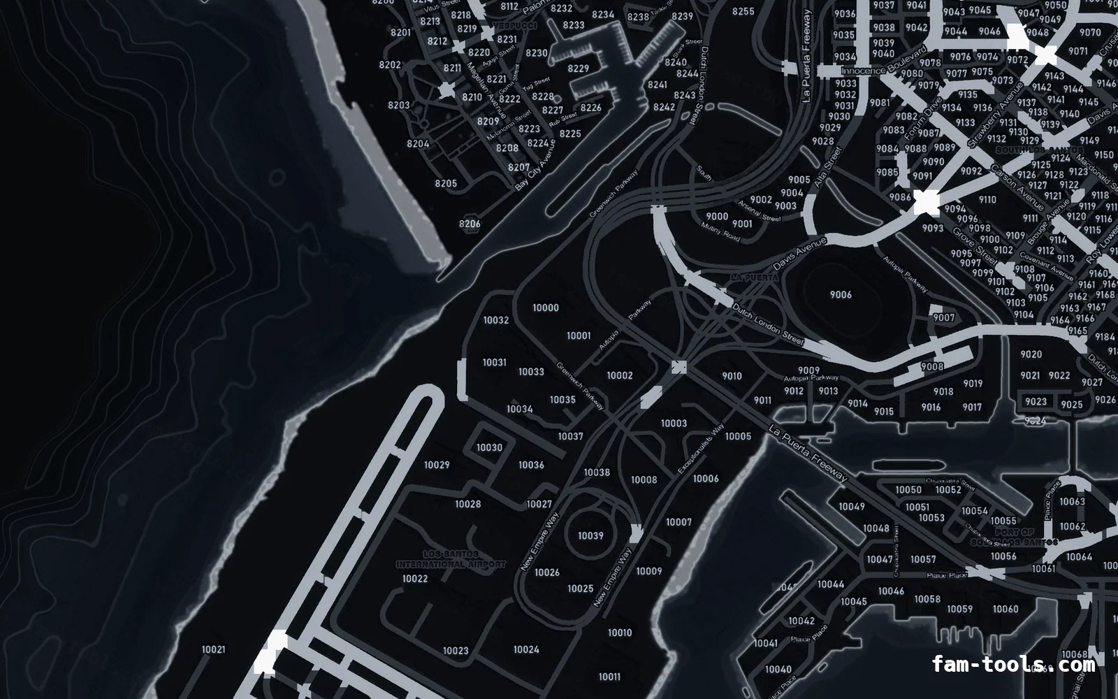 Black OBSIDIAN FiveM-compatible minimap for GTA 5 — with postal codes — showing the harbour and industrial docks