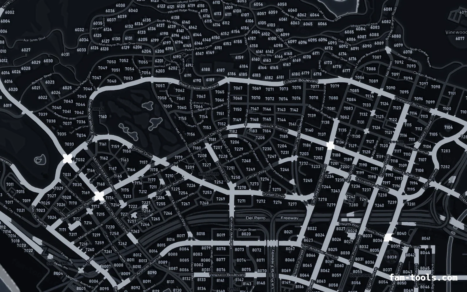 Black OBSIDIAN FiveM-compatible minimap for GTA 5 — with postal codes — showing Los Santos street detail