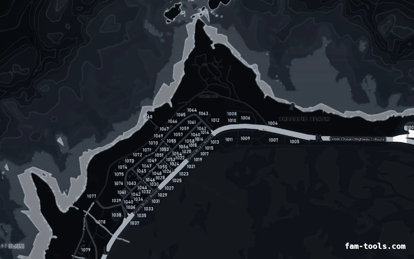 Black OBSIDIAN FiveM-compatible minimap for GTA 5 — with postal codes — showing Paleto Bay and Mount Chiliad