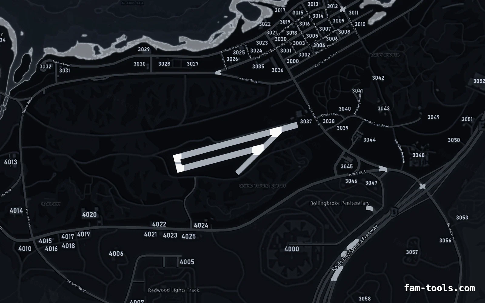 Black OBSIDIAN FiveM-compatible minimap for GTA 5 — with postal codes — showing Sandy Shores and the desert