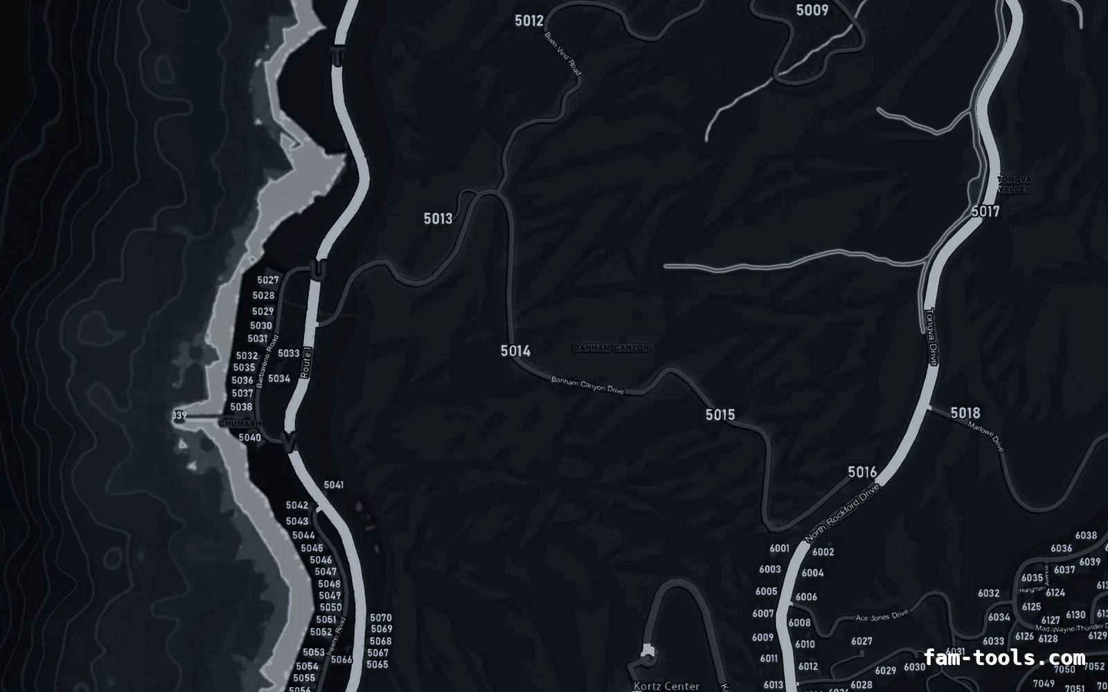 Black OBSIDIAN FiveM-compatible minimap for GTA 5 — with postal codes — showing the west coast and depth contours