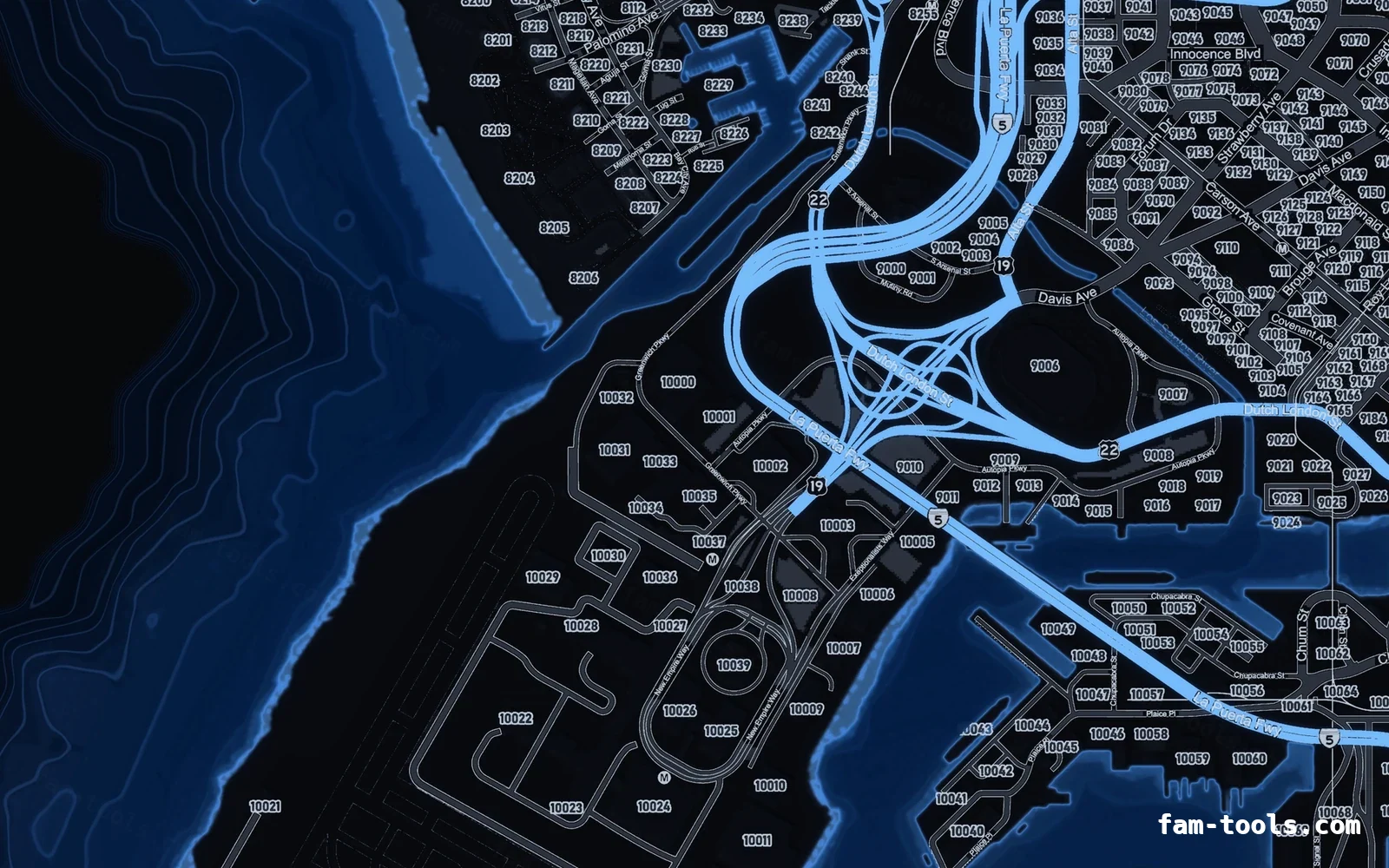 Harbour with bathymetric depth contours