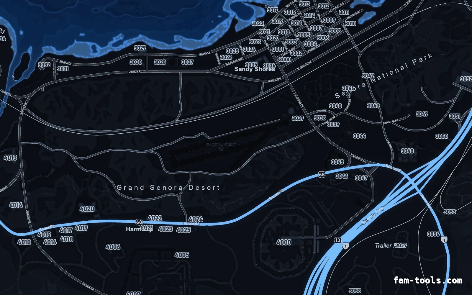 Blue minimap — Sandy Shores Blue COBALT FiveM-compatible minimap for GTA 5 — google style — showing Sandy Shores and the desert