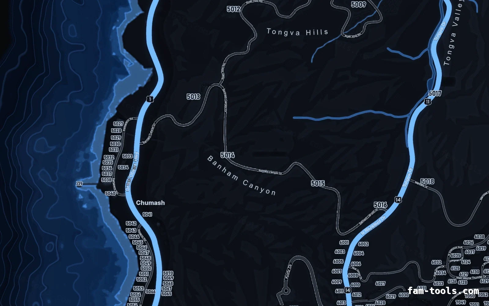 Blue minimap — West coast Blue COBALT FiveM-compatible minimap for GTA 5 — google style — showing the west coast and depth contours