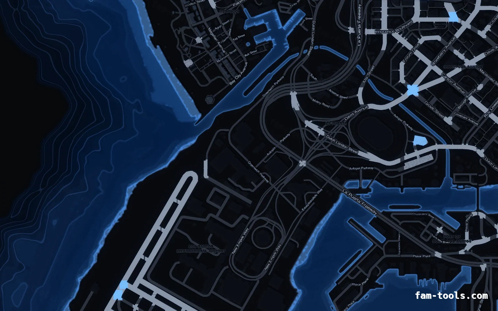 Blue COBALT FiveM-compatible minimap showing the harbour and industrial docks