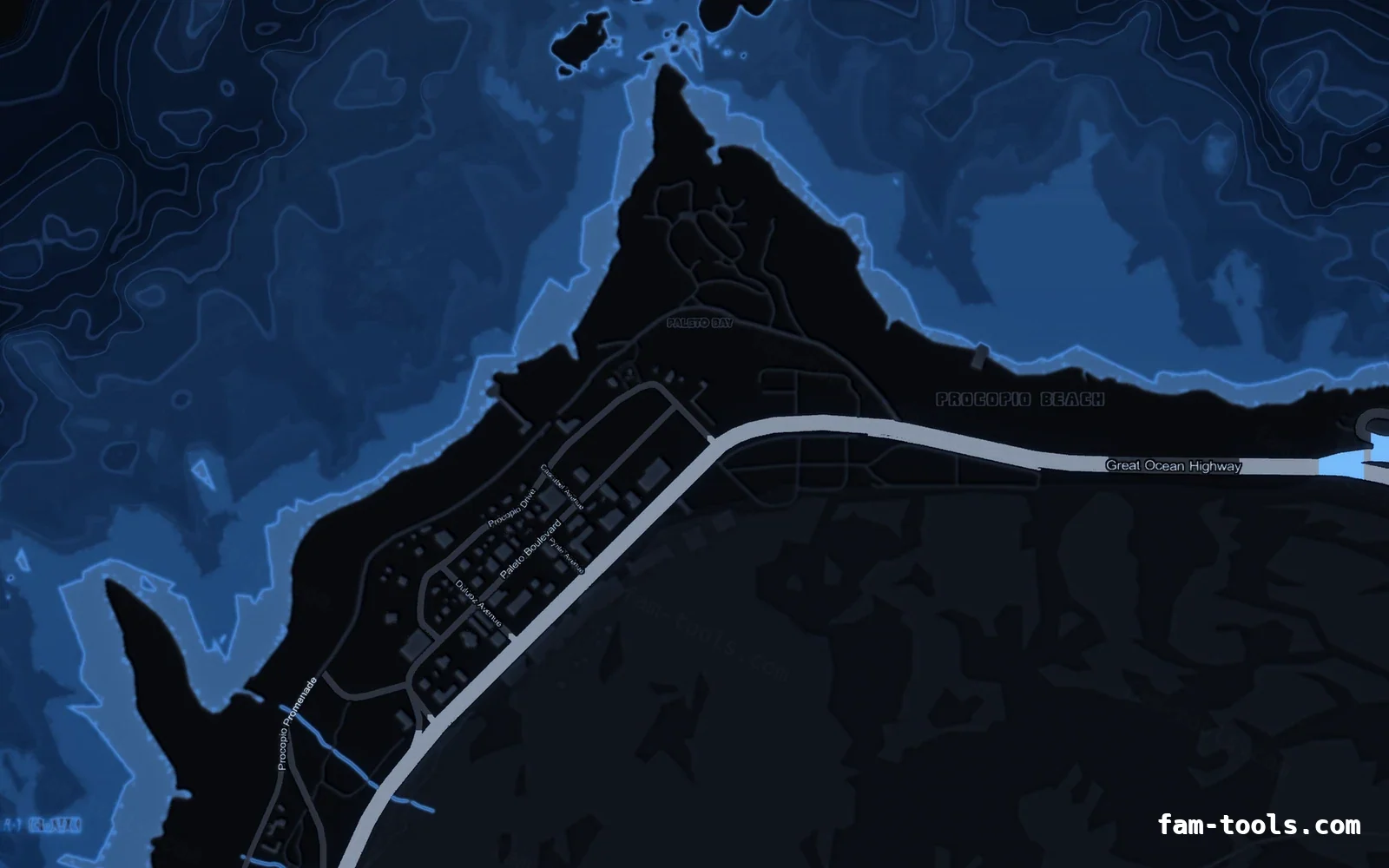 Blue minimap — Paleto Bay Blue COBALT FiveM-compatible minimap for GTA 5 — without postal codes — showing Paleto Bay and Mount Chiliad