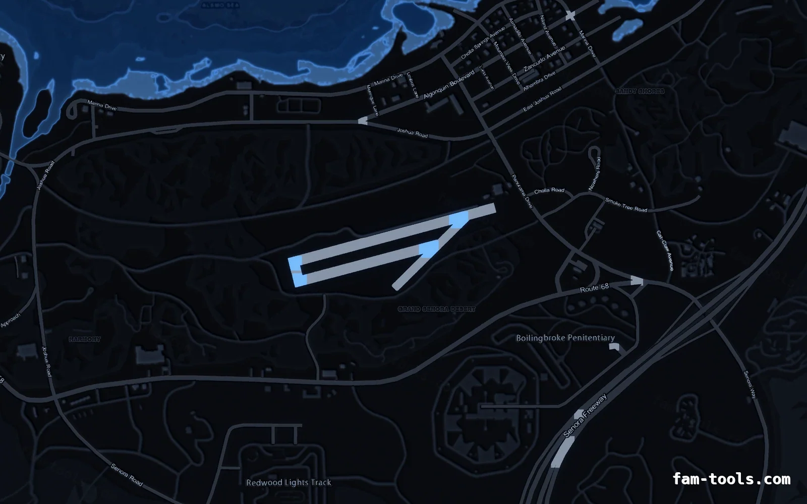 Blue minimap — Sandy Shores Blue COBALT FiveM-compatible minimap for GTA 5 — without postal codes — showing Sandy Shores and the desert