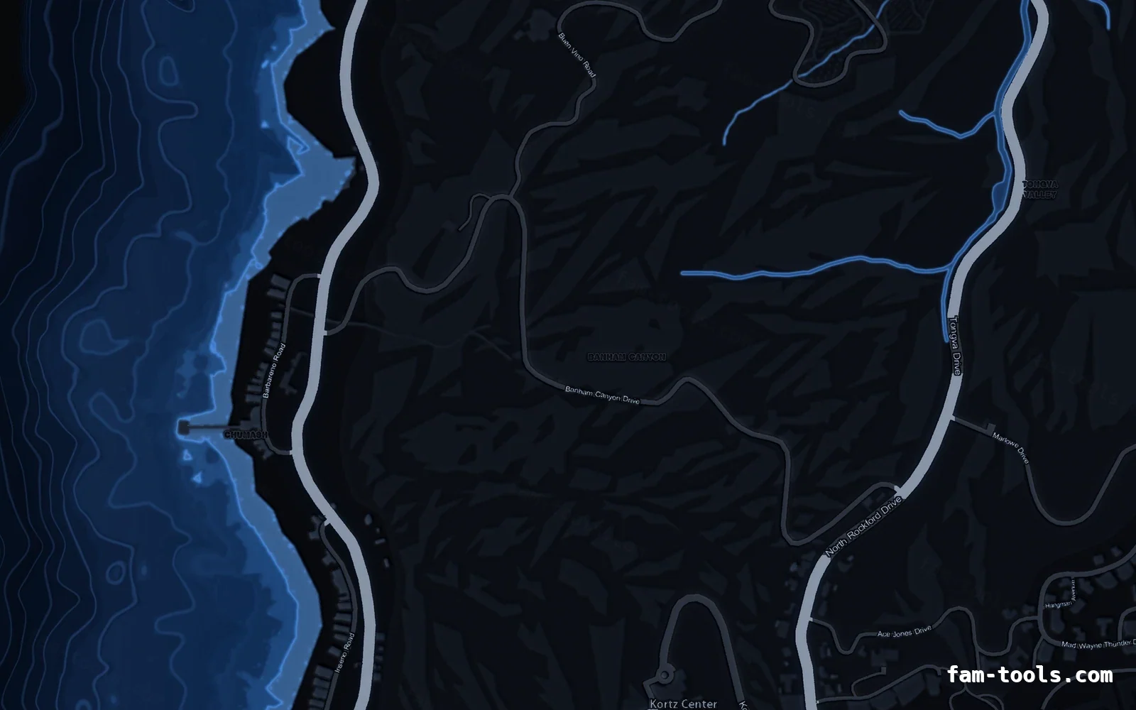 Blue minimap — West coast Blue COBALT FiveM-compatible minimap for GTA 5 — without postal codes — showing the west coast and depth contours