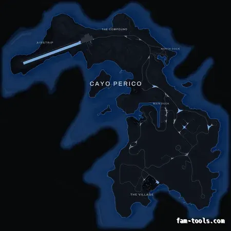 Blue COBALT Cayo Perico FiveM-compatible minimap for GTA 5 — optional island add-on in the same palette, with postal codes