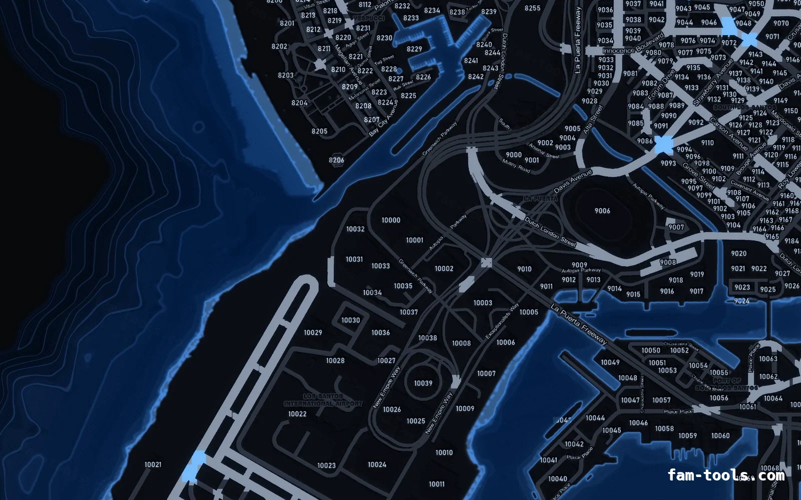 Blue COBALT FiveM-compatible minimap for GTA 5 — with postal codes — showing the harbour and industrial docks