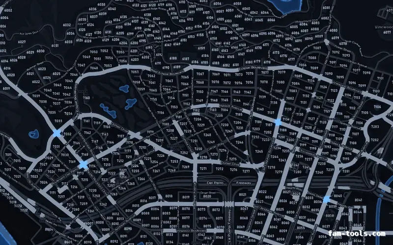Blue COBALT FiveM-compatible minimap for GTA 5 — with postal codes — showing Los Santos street detail