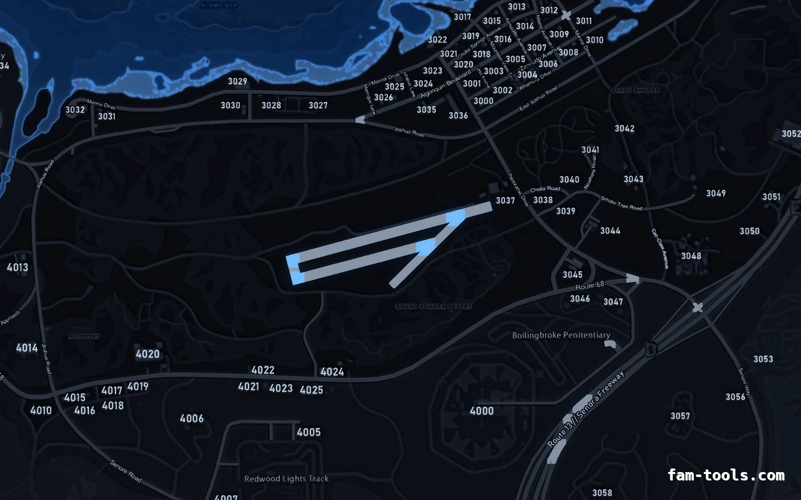 Blue COBALT FiveM-compatible minimap for GTA 5 — with postal codes — showing Sandy Shores and the desert