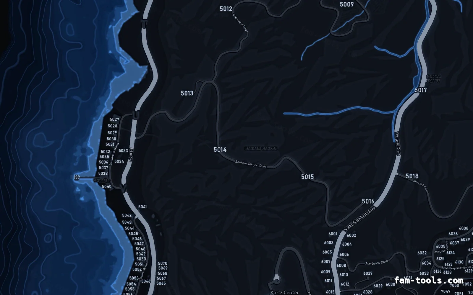 Blue COBALT FiveM-compatible minimap for GTA 5 — with postal codes — showing the west coast and depth contours