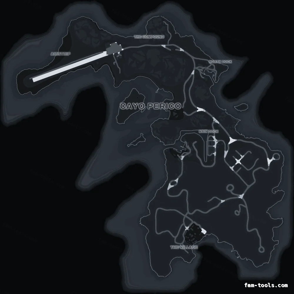 Gray GRAPHITE Cayo Perico FiveM-compatible minimap for GTA 5 — optional island add-on in the same palette, google style