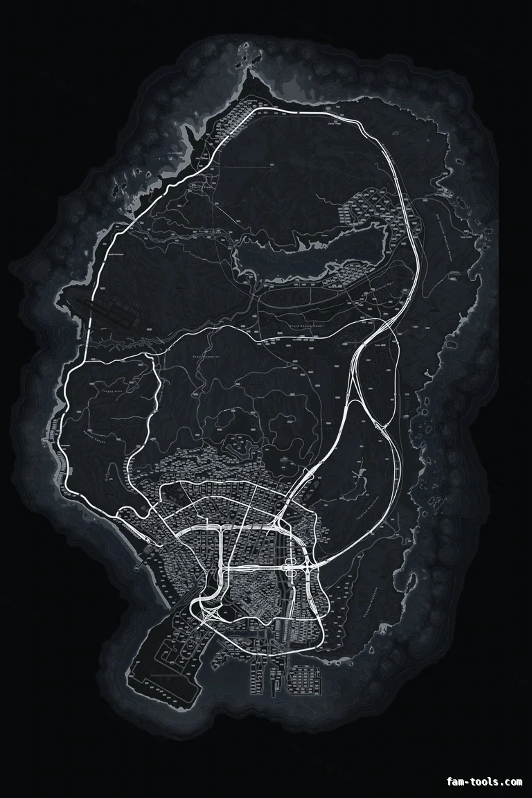 Gray GRAPHITE FiveM-compatible minimap for GTA 5 — google style — showing the whole Los Santos and Blaine County map