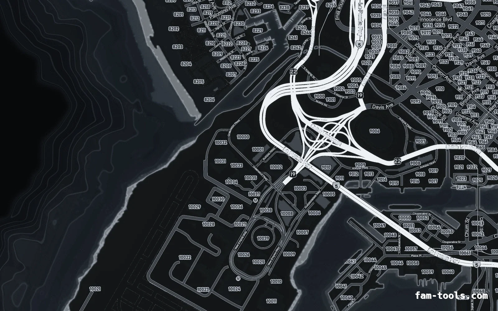 Gray minimap — Harbour Gray GRAPHITE FiveM-compatible minimap for GTA 5 — google style — showing the harbour and industrial docks