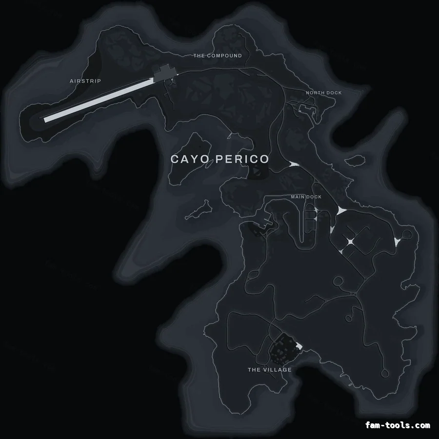 Gray GRAPHITE Cayo Perico FiveM-compatible minimap for GTA 5 — optional island add-on in the same palette, without postal codes