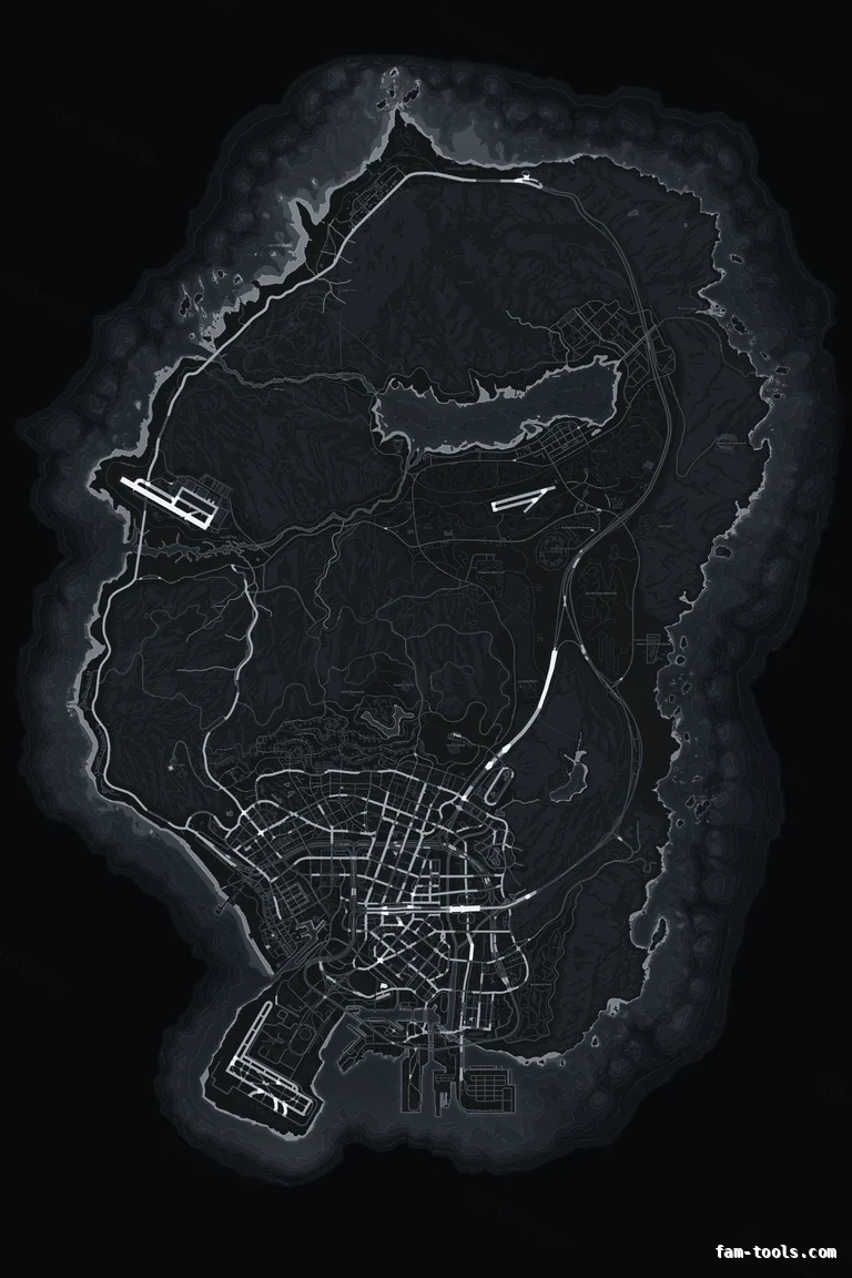 Gray GRAPHITE FiveM-compatible minimap for GTA 5 — without postal codes — showing the whole Los Santos and Blaine County map