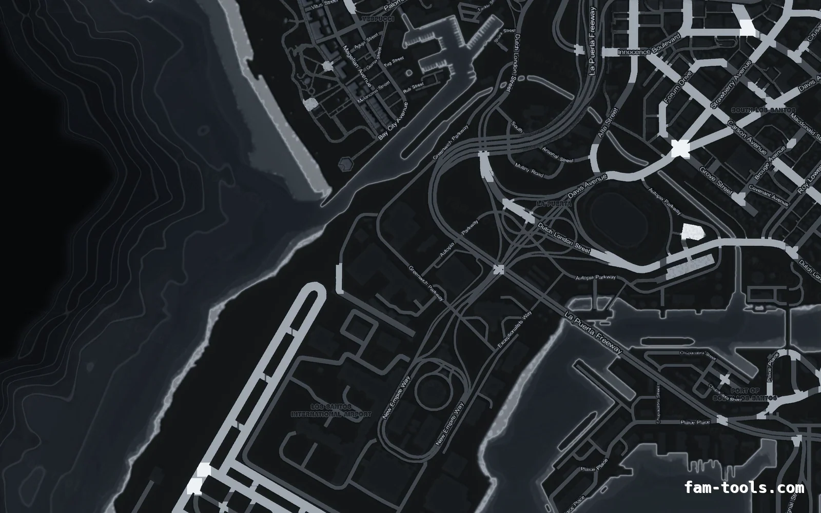 Gray GRAPHITE FiveM-compatible minimap for GTA 5 — without postal codes — showing the harbour and industrial docks