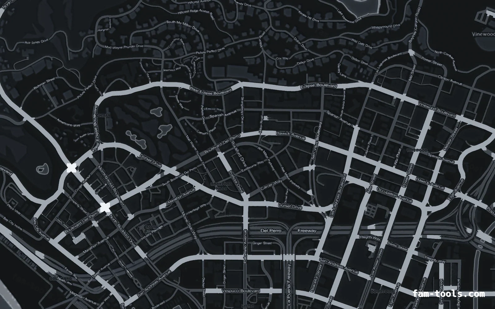 Gray GRAPHITE FiveM-compatible minimap for GTA 5 — without postal codes — showing Los Santos street detail