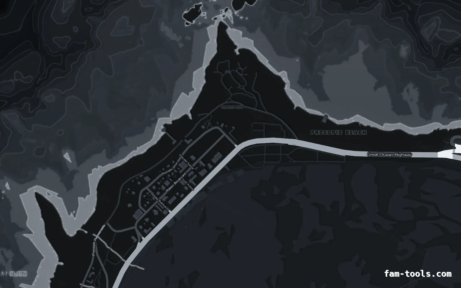 Gray GRAPHITE FiveM-compatible minimap for GTA 5 — without postal codes — showing Paleto Bay and Mount Chiliad