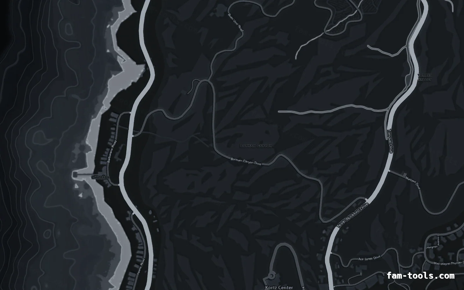 Gray GRAPHITE FiveM-compatible minimap for GTA 5 — without postal codes — showing the west coast and depth contours