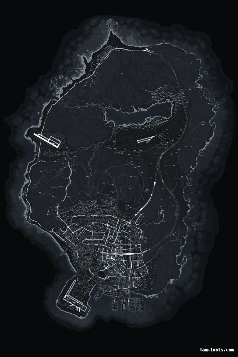 Gray GRAPHITE FiveM-compatible minimap for GTA 5 — with postal codes — showing the whole Los Santos and Blaine County map