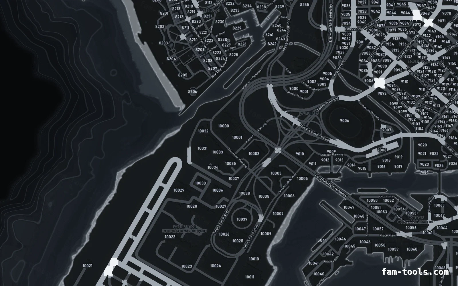 Gray GRAPHITE FiveM-compatible minimap for GTA 5 — with postal codes — showing the harbour and industrial docks