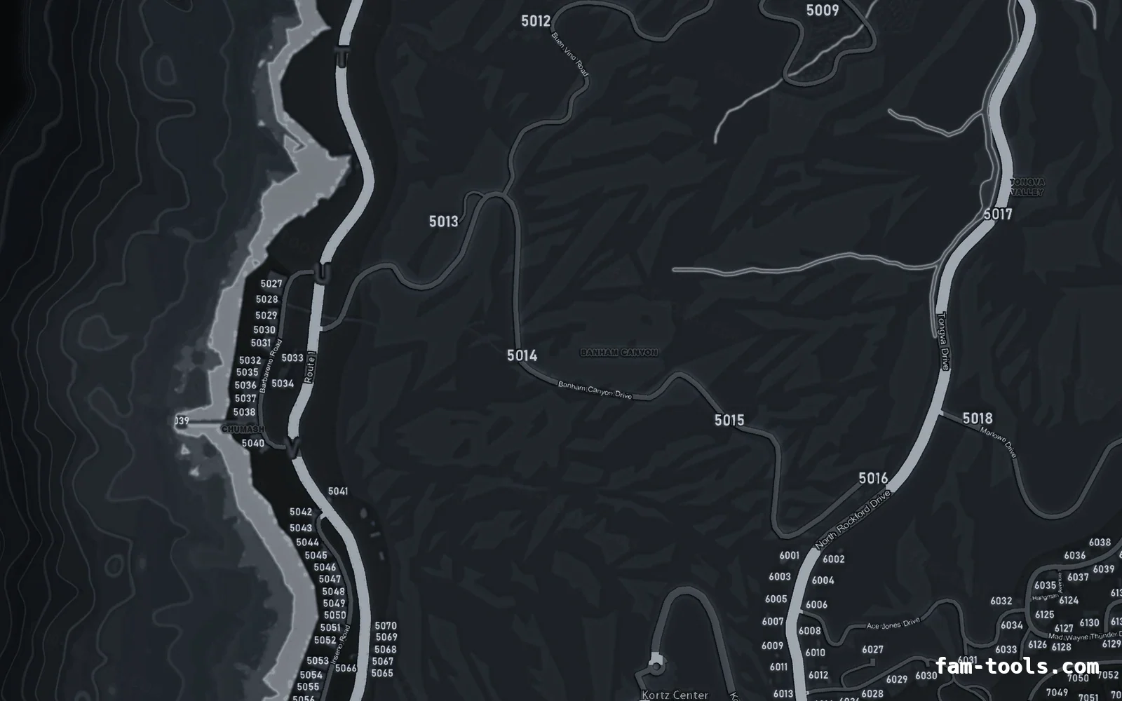 Gray GRAPHITE FiveM-compatible minimap for GTA 5 — with postal codes — showing the west coast and depth contours
