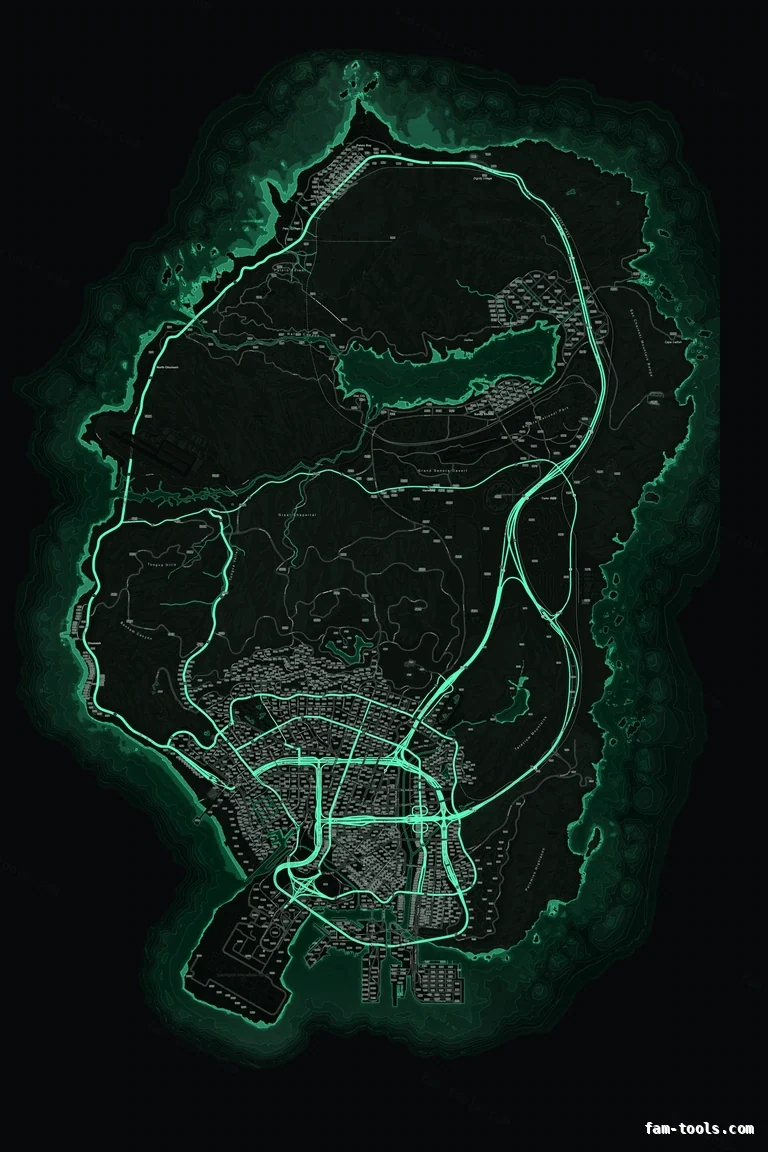 Green EMERALD FiveM-compatible minimap for GTA 5 — google style — showing the whole Los Santos and Blaine County map