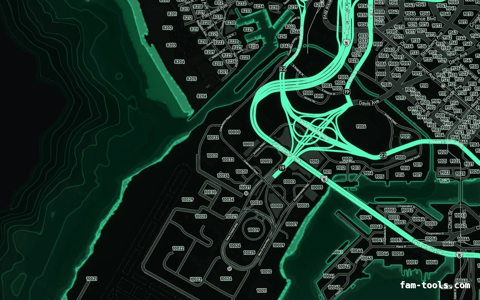 Green EMERALD FiveM-compatible minimap for GTA 5 — google style — showing the harbour and industrial docks