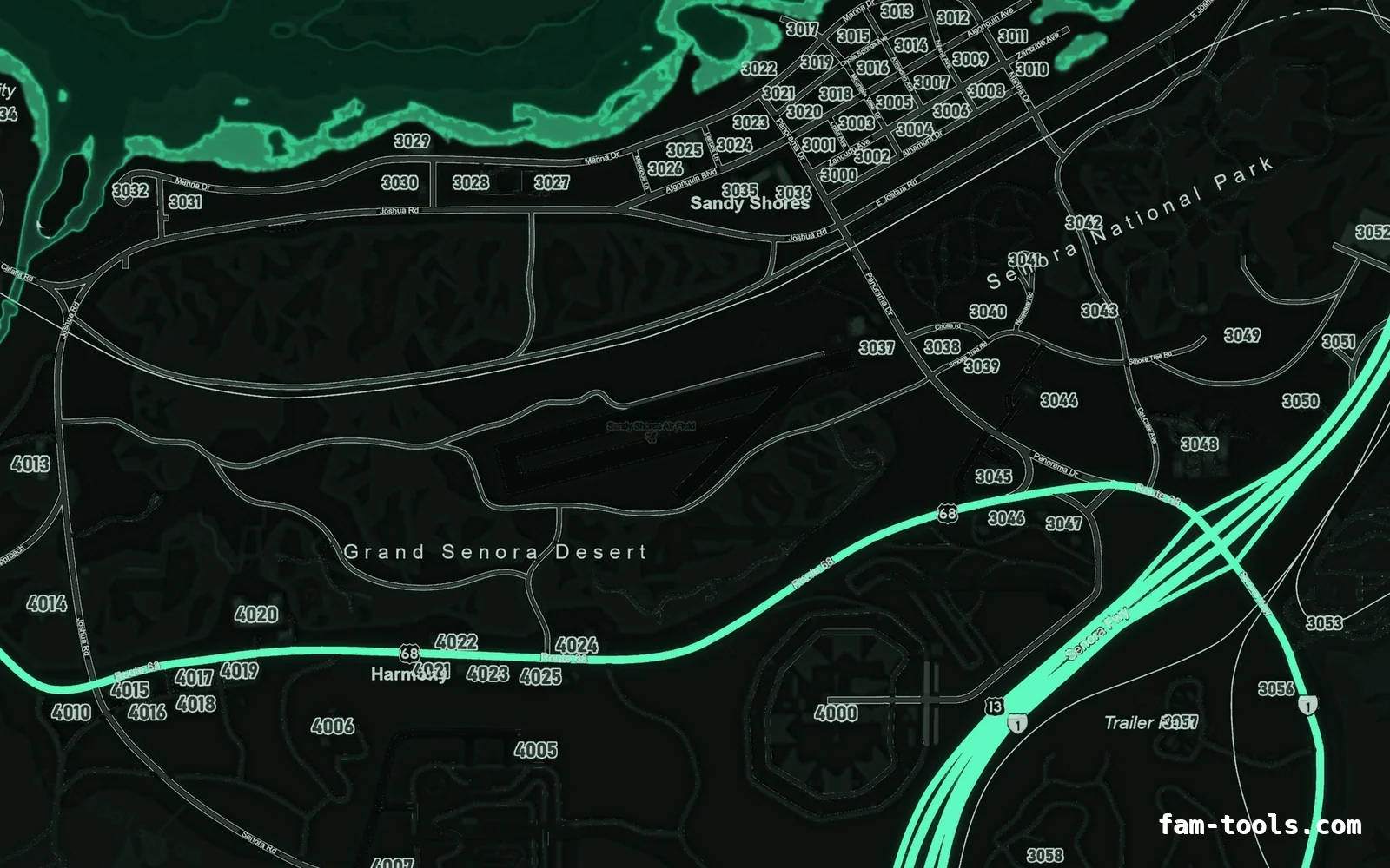 Green EMERALD FiveM-compatible minimap for GTA 5 — google style — showing Sandy Shores and the desert