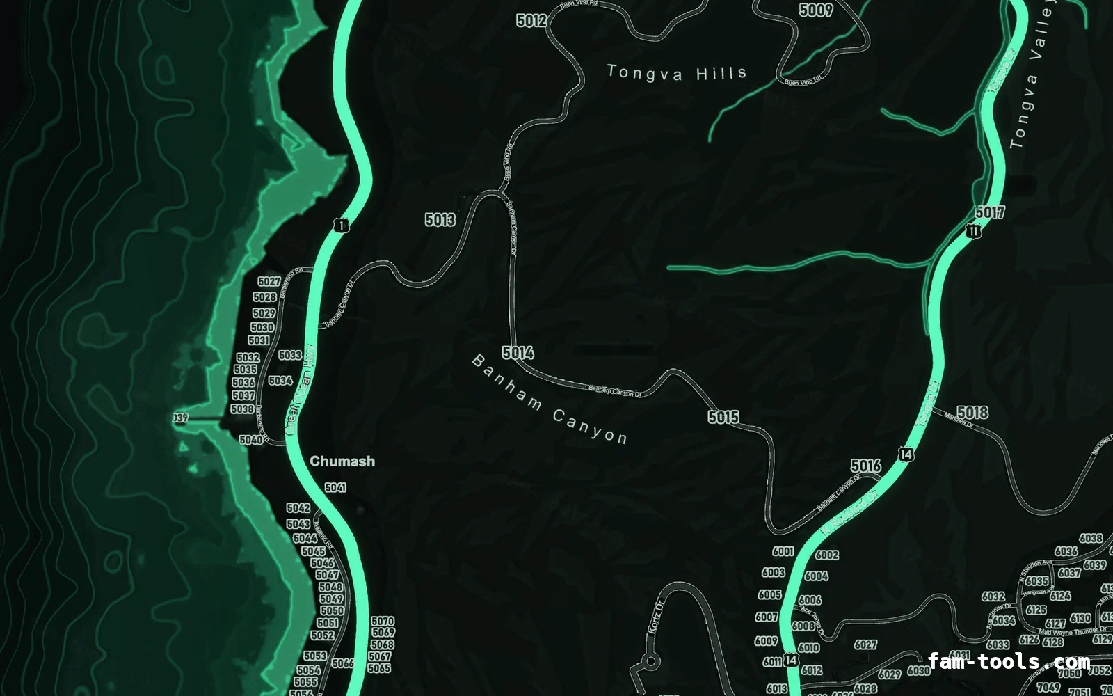 Green EMERALD FiveM-compatible minimap for GTA 5 — google style — showing the west coast and depth contours