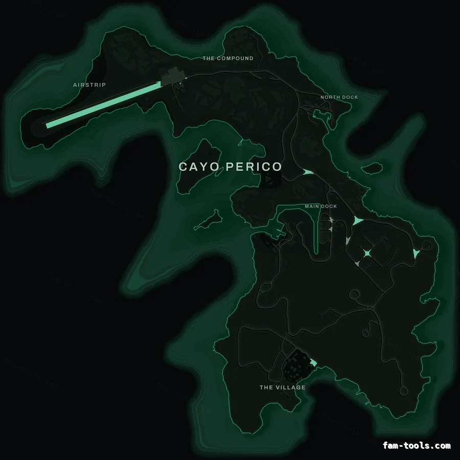 Green EMERALD Cayo Perico FiveM-compatible minimap for GTA 5 — optional island add-on in the same palette, without postal codes