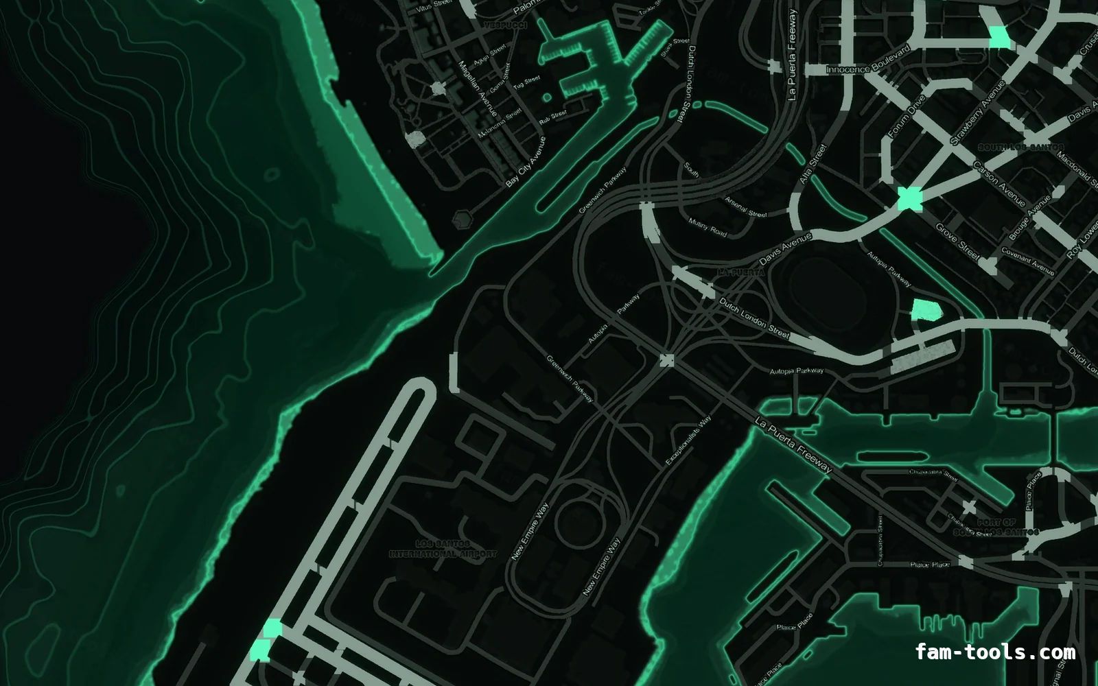 Green EMERALD FiveM-compatible minimap for GTA 5 — without postal codes — showing the harbour and industrial docks
