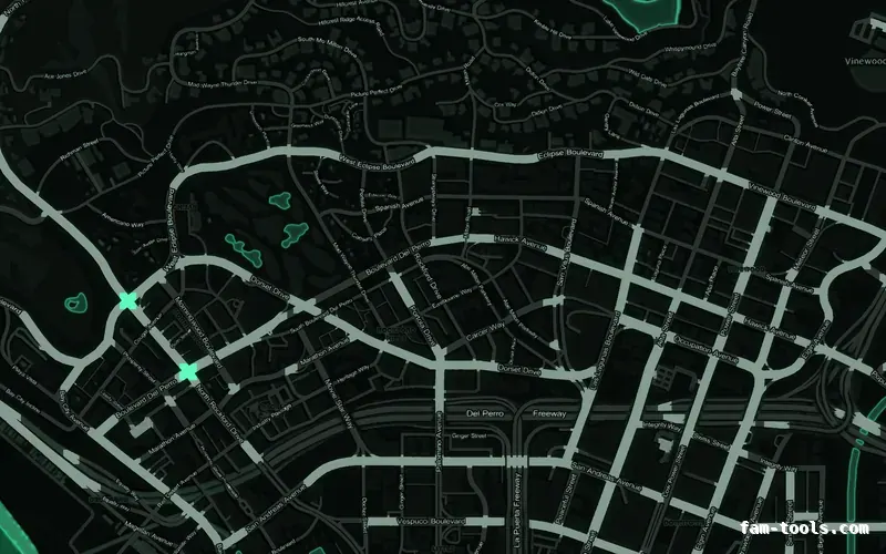Green EMERALD FiveM-compatible minimap for GTA 5 — without postal codes — showing Los Santos street detail