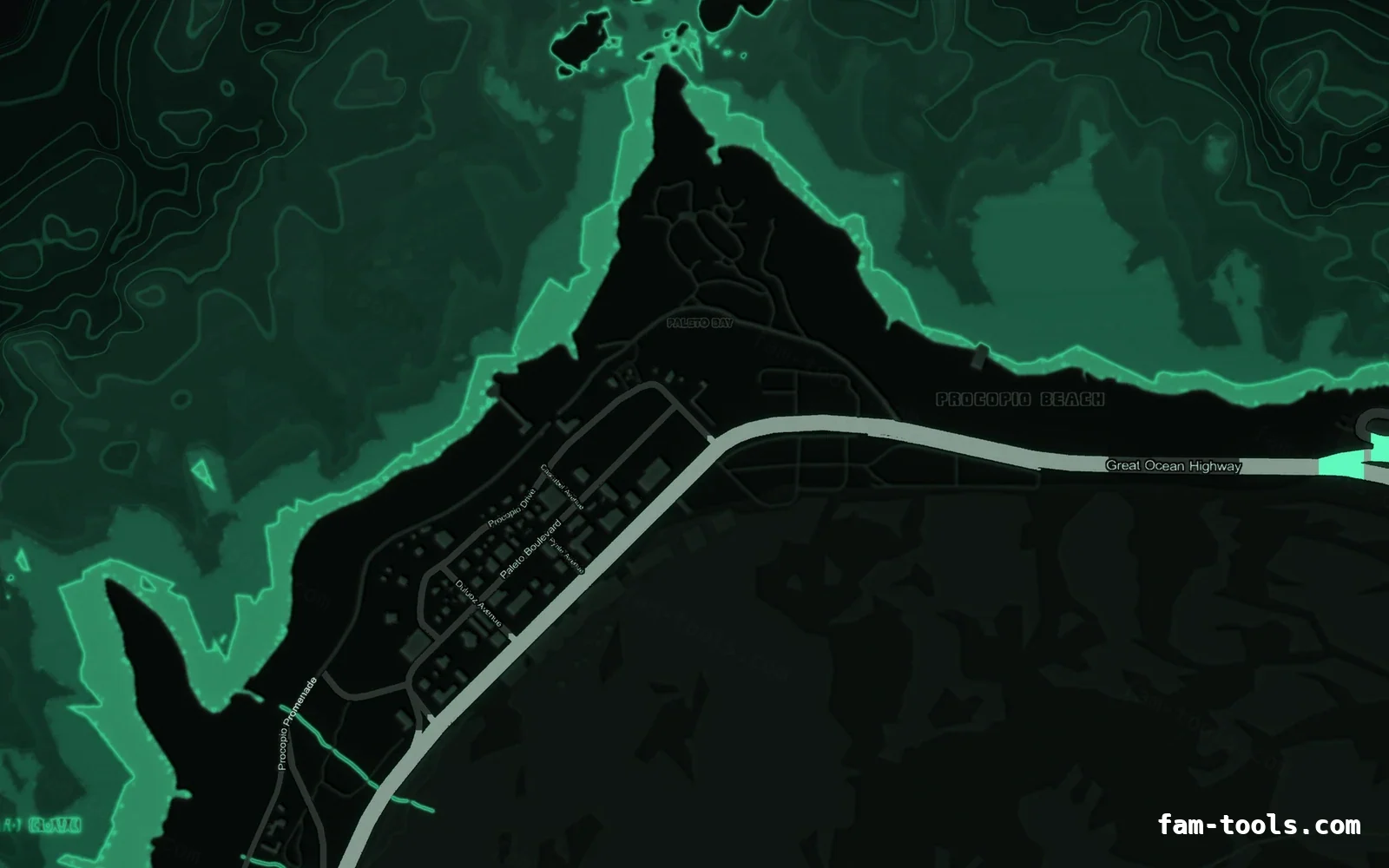 Green EMERALD FiveM-compatible minimap for GTA 5 — without postal codes — showing Paleto Bay and Mount Chiliad