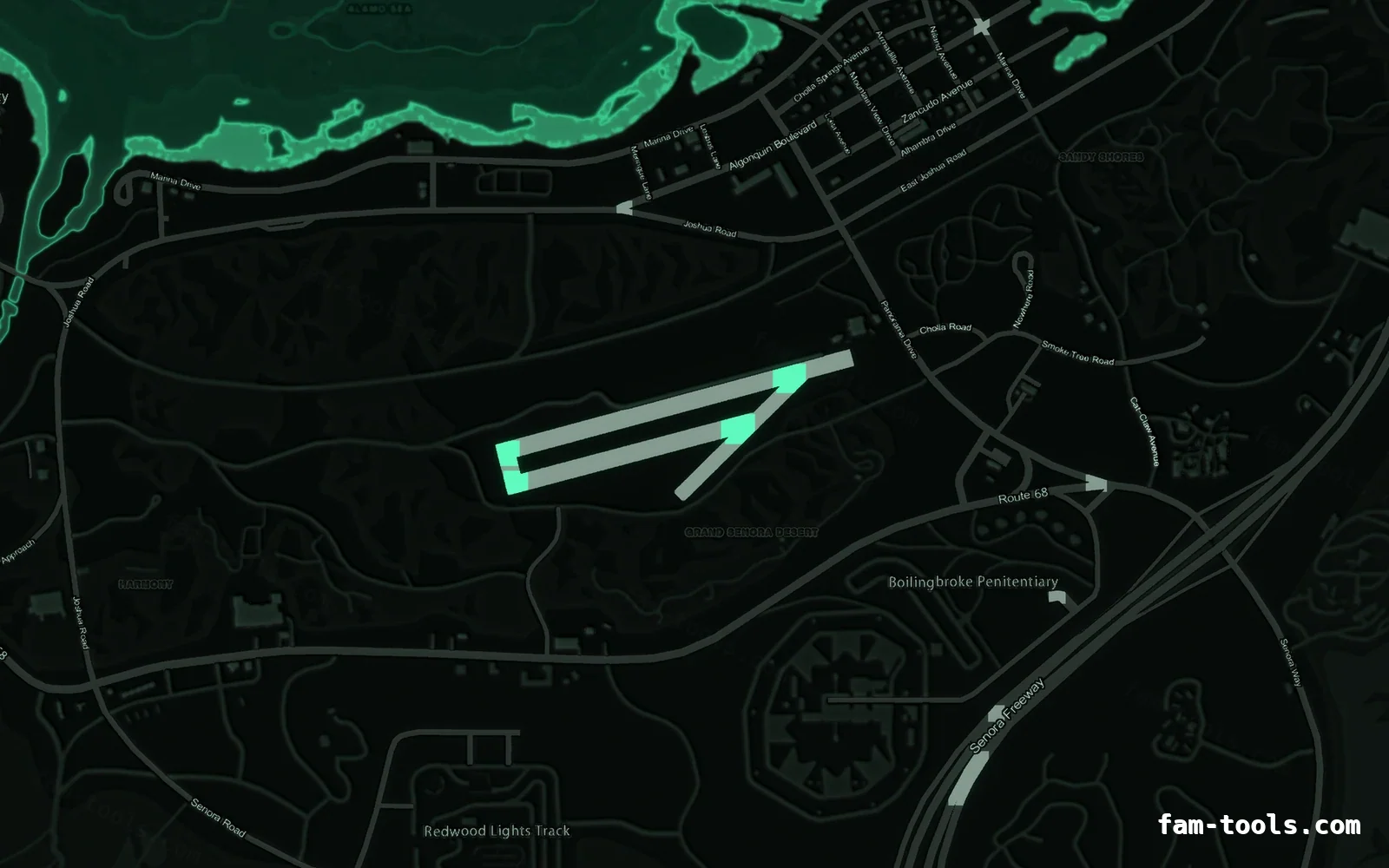 Green EMERALD FiveM-compatible minimap for GTA 5 — without postal codes — showing Sandy Shores and the desert