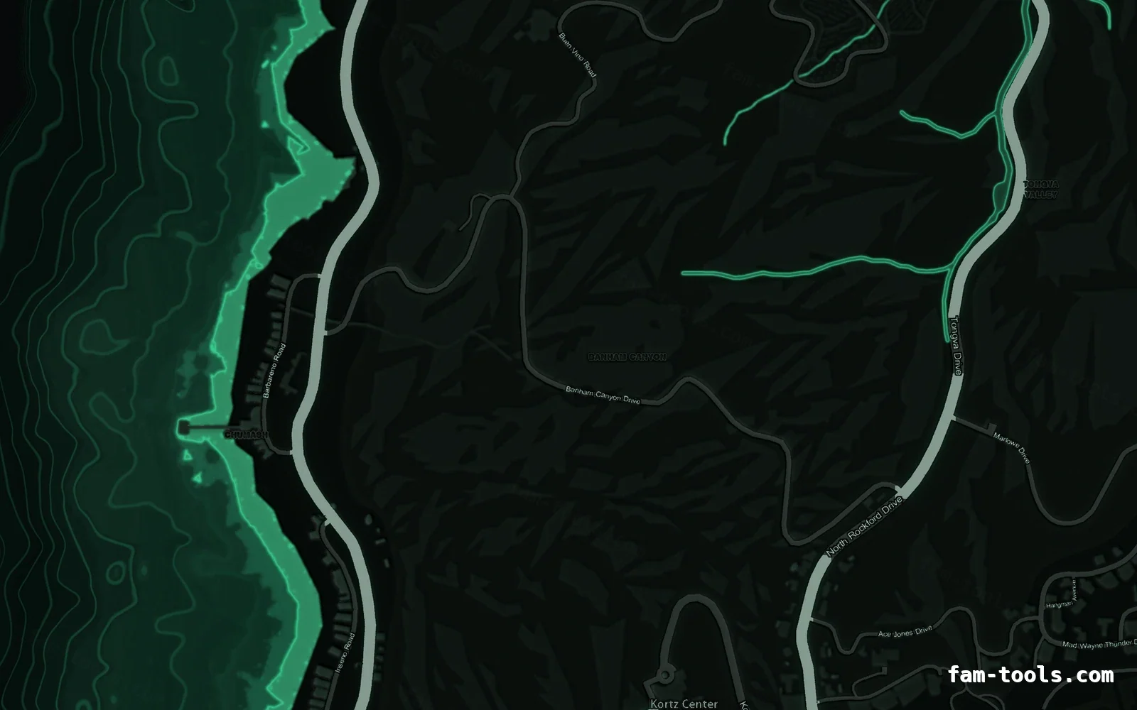 Green EMERALD FiveM-compatible minimap for GTA 5 — without postal codes — showing the west coast and depth contours